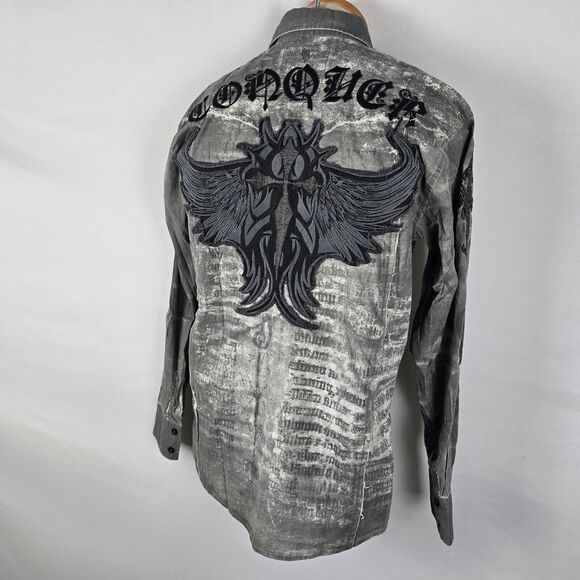Roar Shirt Men's Small Bleached Gray Embordered Wings Conquer Y2K Button Down - Picture 16 of 16